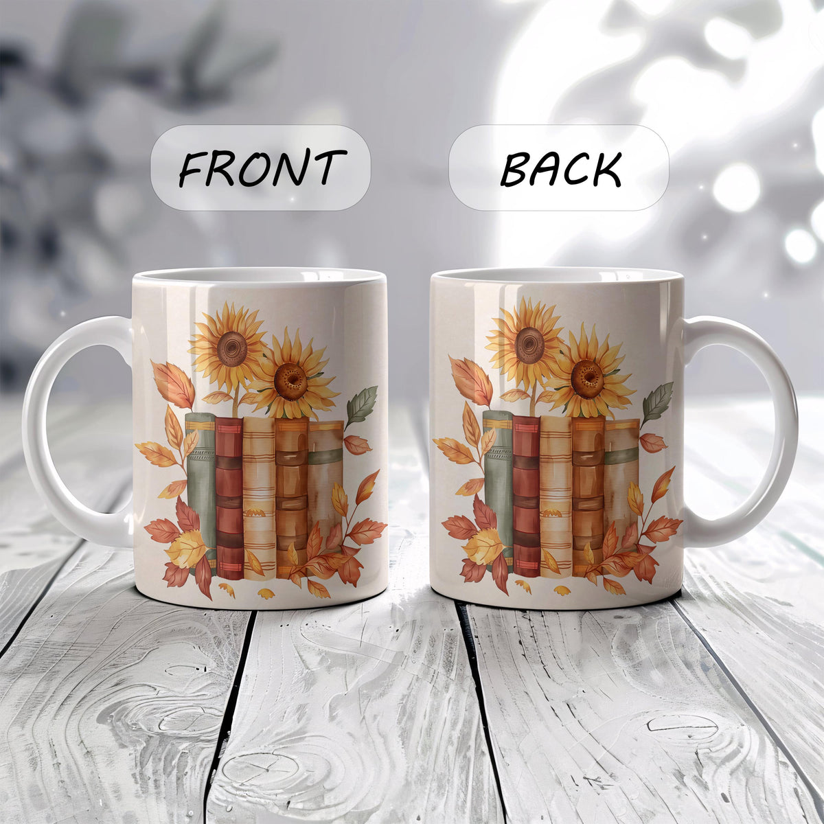 Bookish Coffee Mug With Sunflowers, Floral Book Enthusiast Gift Ceramic Cup