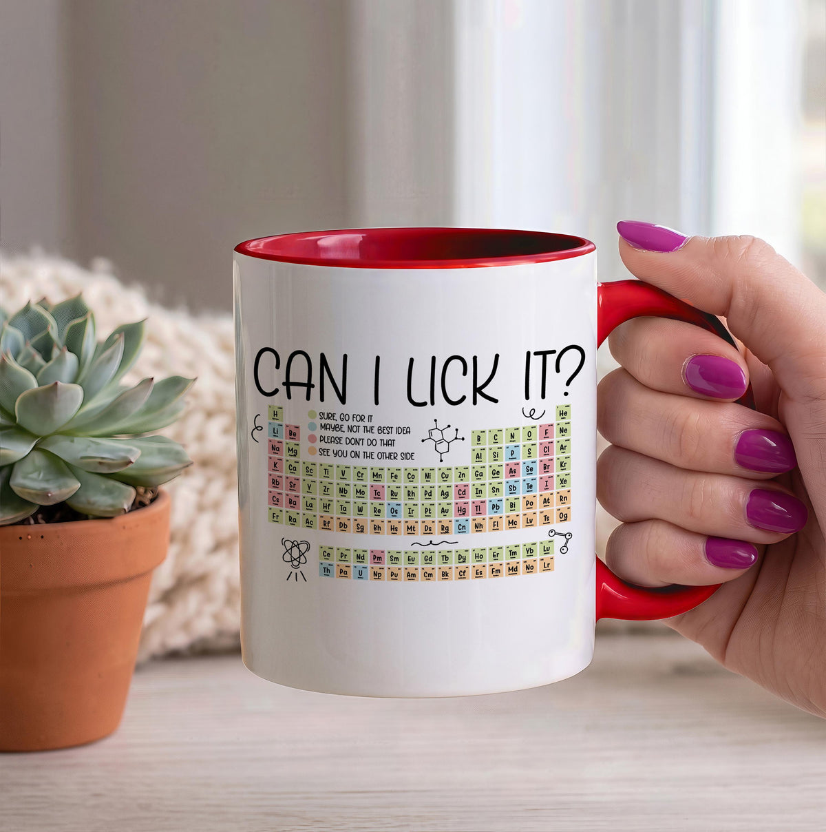 Can I Lick It? Chemistry Coffee Mug, Funny Periodic Table Colorful Ceramic Cup