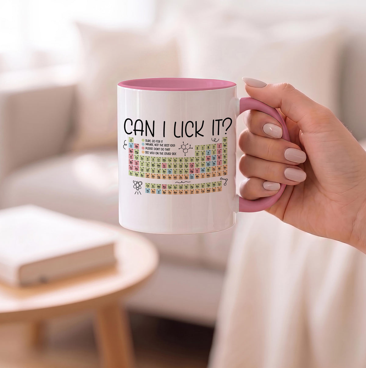 Can I Lick It? Chemistry Coffee Mug, Funny Periodic Table Colorful Ceramic Cup