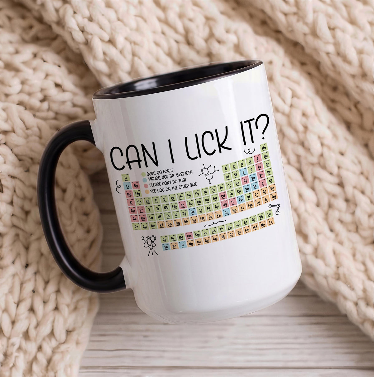 Can I Lick It? Chemistry Coffee Mug, Funny Periodic Table Colorful Ceramic Cup