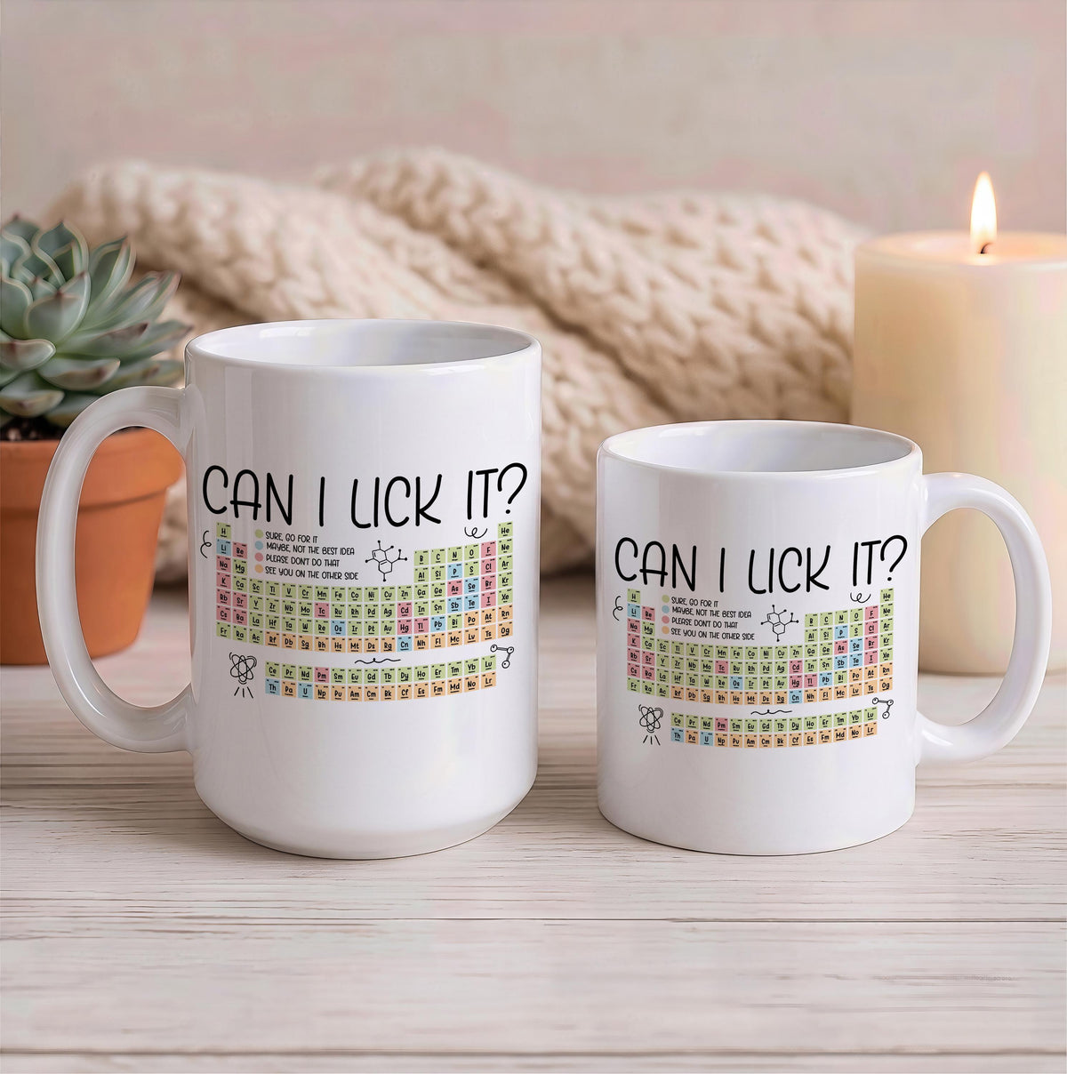 Can I Lick It? Chemistry Coffee Mug, Funny Periodic Table Colorful Ceramic Cup