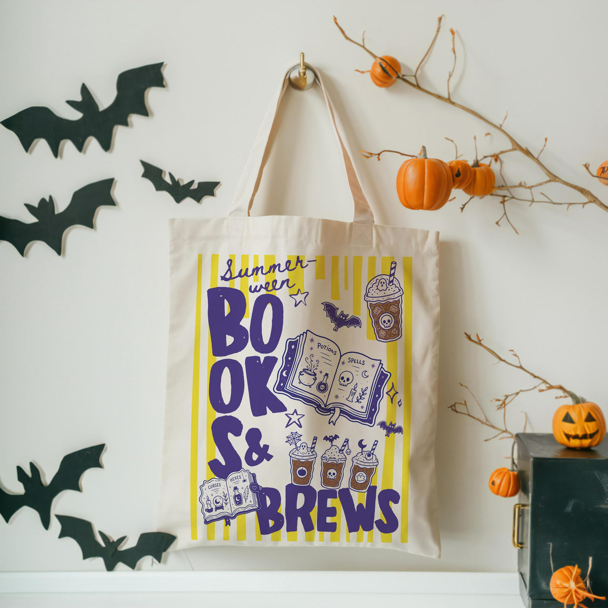 Spooky Summer Books & Brew Tote Bag, Halloween Beach Tote, Book Lover Canvas Bag, Summer Halloween Books and Coffee Bag