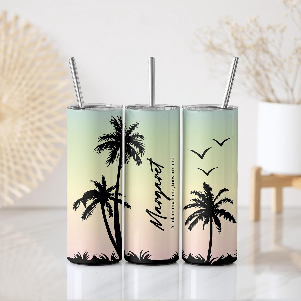 Customizable Tropical Sunset Palm Tree Tumbler With Straw