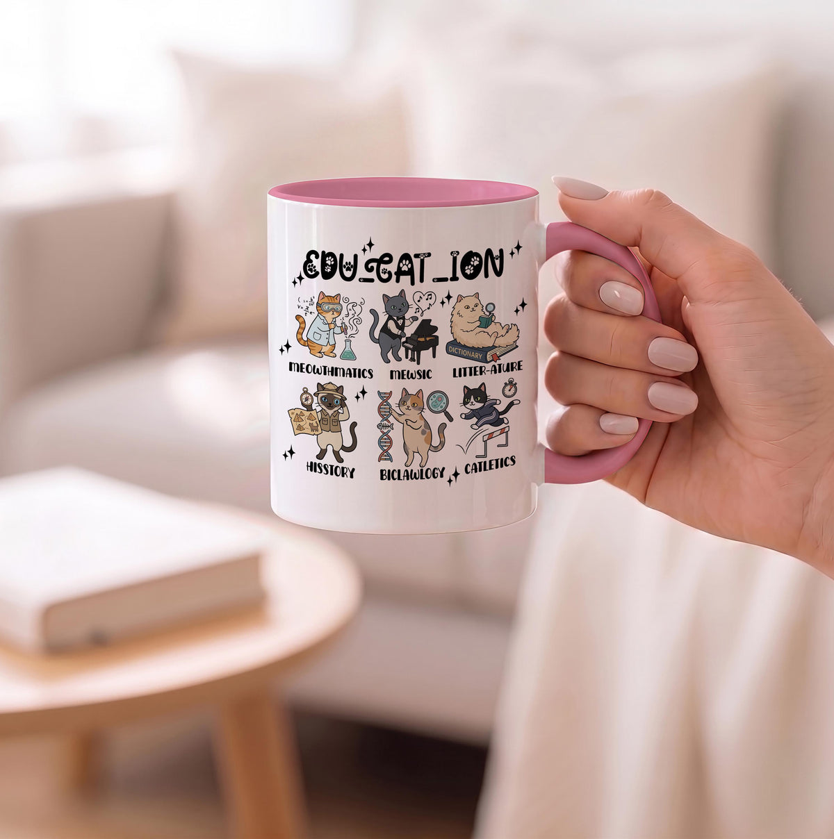 Funny Cat School Subjects Coffee Cup, Edu-cat-ion Cute Teacher Ceramic Mug