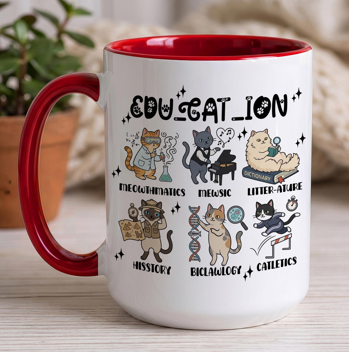 Funny Cat School Subjects Coffee Cup, Edu-cat-ion Cute Teacher Ceramic Mug
