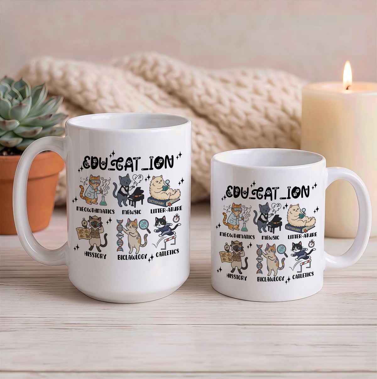 Funny Cat School Subjects Coffee Cup, Edu-cat-ion Cute Teacher Ceramic Mug