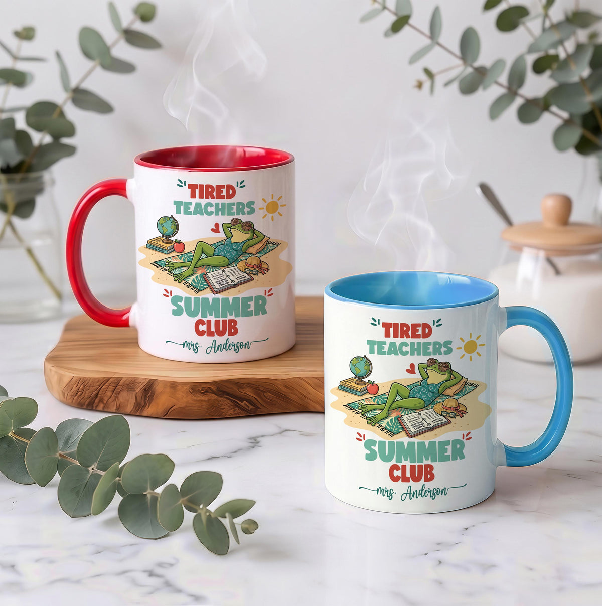 Custom Name Tired Teachers Summer Club Mug, Personalized Frog Teacher Ceramic Cup