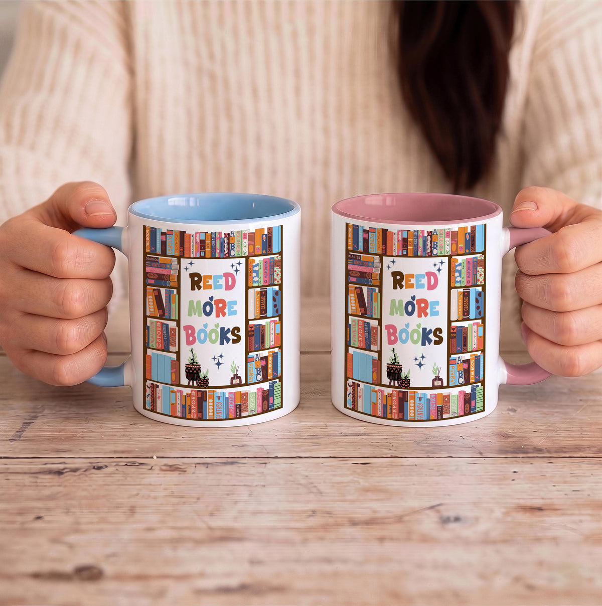 Read More Books Colorful Handle Ceramic Cup, Cute Bookshelf Reading Coffee Mug