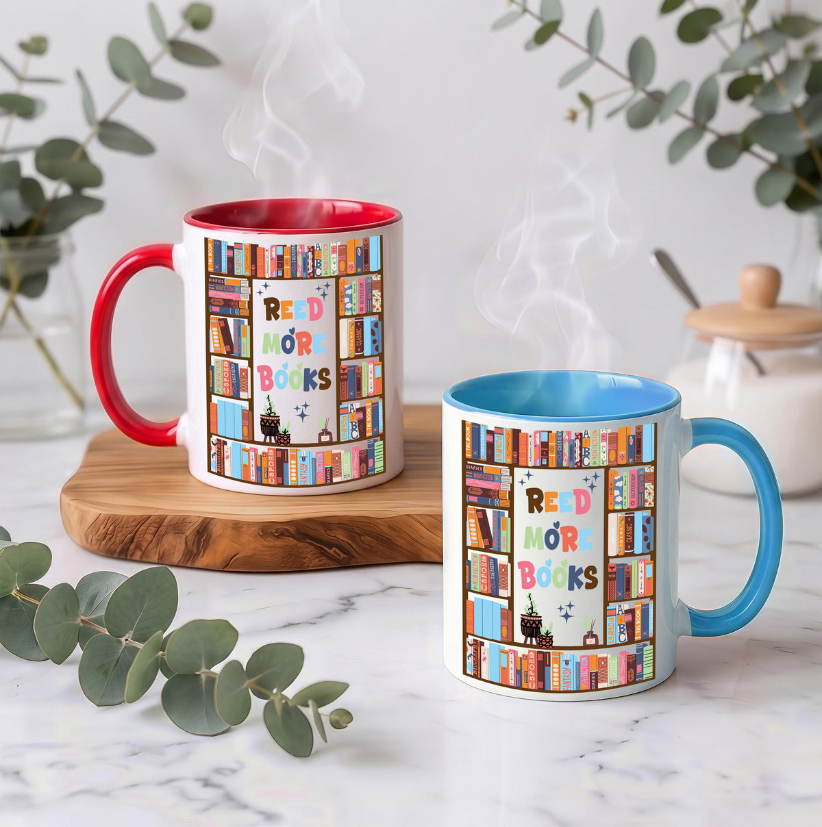 Read More Books Colorful Handle Ceramic Cup, Cute Bookshelf Reading Coffee Mug