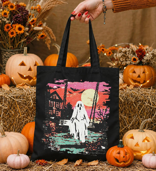 Ghost Night Tote Bag, Spooky Season Tote, Halloween Gift Tote Bag