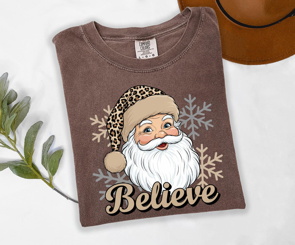 Comfort Colors® Leopard Santa Christmas Shirt, Merry Xmas Believe Tee, Holiday Women Sweatshirt