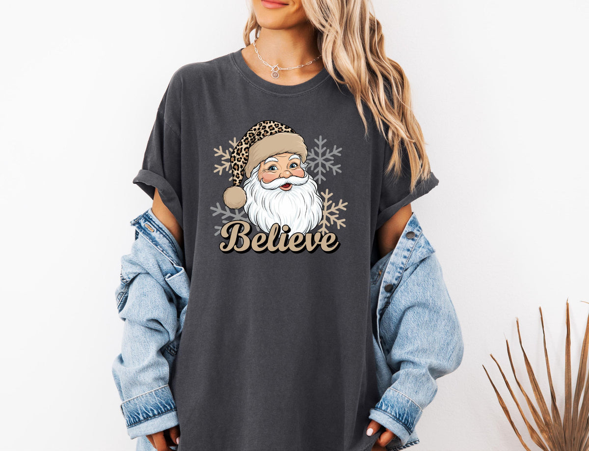 Comfort Colors® Leopard Santa Christmas Shirt, Merry Xmas Believe Tee, Holiday Women Sweatshirt