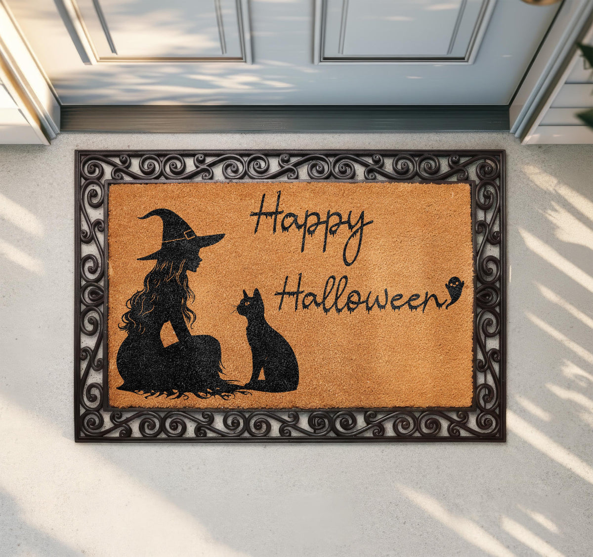 Happy Halloween Doormat, Witch and Cat Welcome Mat, Spooky Season Housewarming Gift, Cats Lover Front Porch Coir Rug, Trick or Treat Decor
