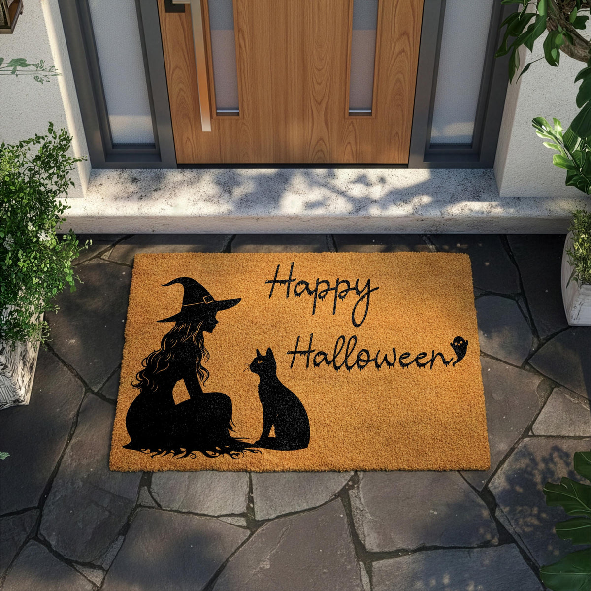 Happy Halloween Doormat, Witch and Cat Welcome Mat, Spooky Season Housewarming Gift, Cats Lover Front Porch Coir Rug, Trick or Treat Decor