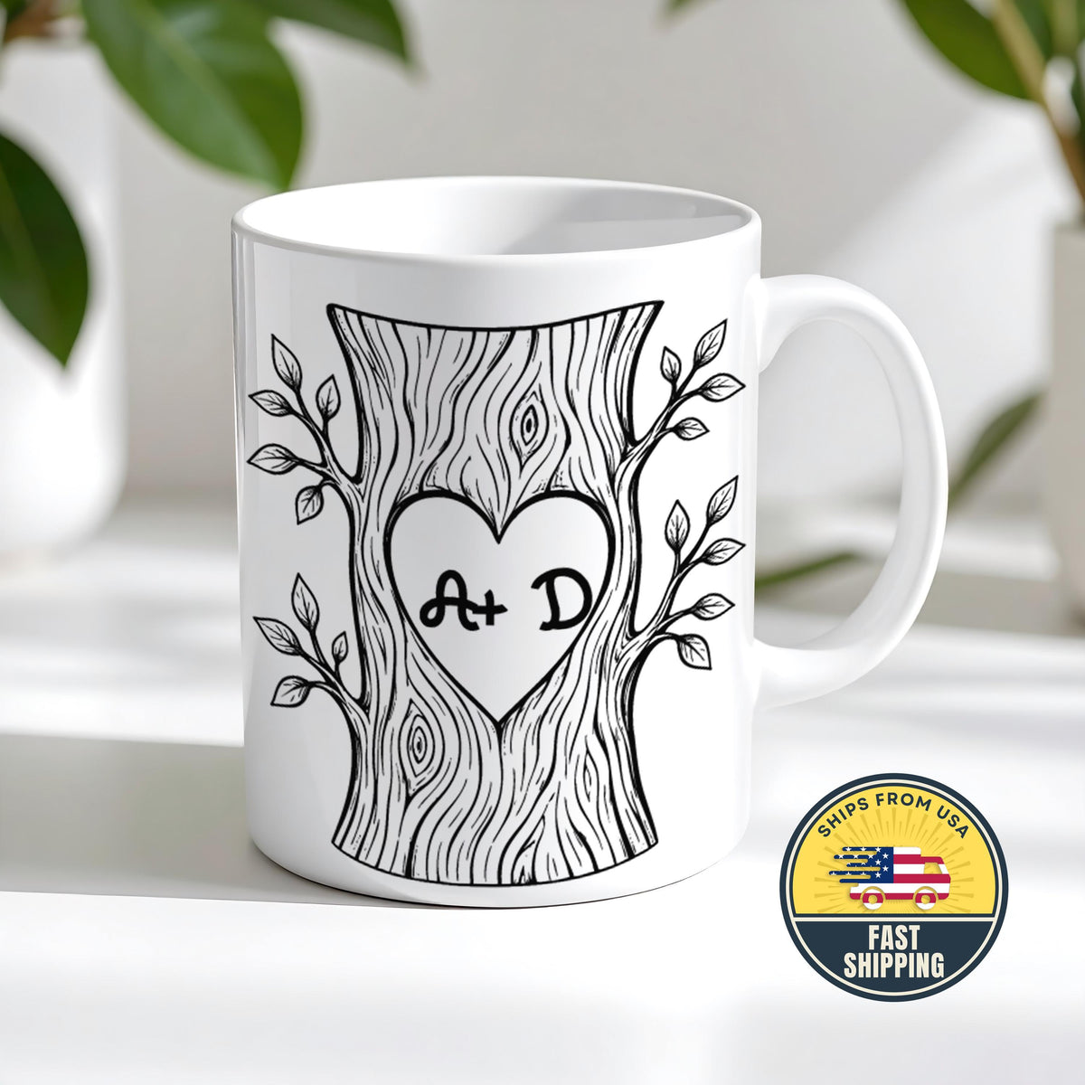 Personalized Initials Couple Mug, Custom Love Tree Coffee Cup