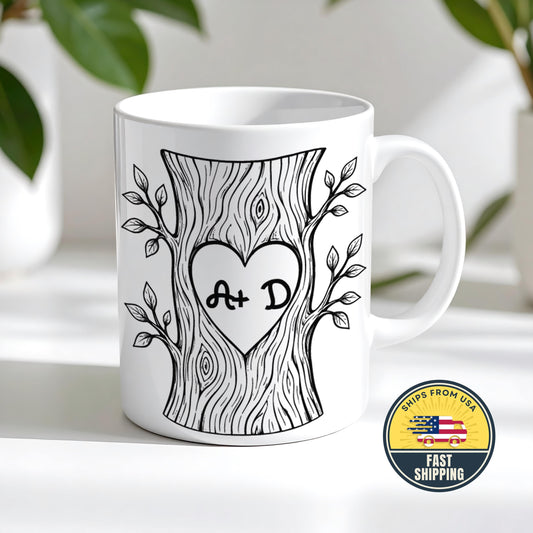 Personalized Initials Couple Mug, Custom Love Tree Coffee Cup