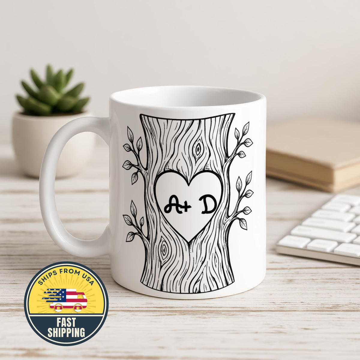 Personalized Initials Couple Mug, Custom Love Tree Coffee Cup