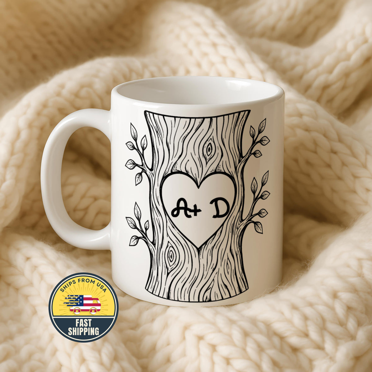Personalized Initials Couple Mug, Custom Love Tree Coffee Cup