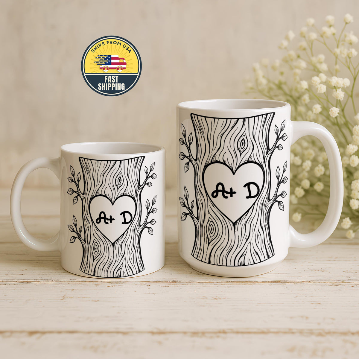 Personalized Initials Couple Mug, Custom Love Tree Coffee Cup