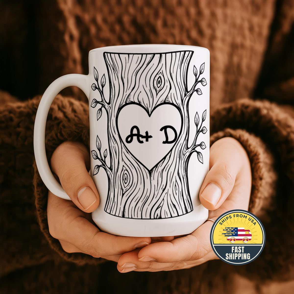 Personalized Initials Couple Mug, Custom Love Tree Coffee Cup