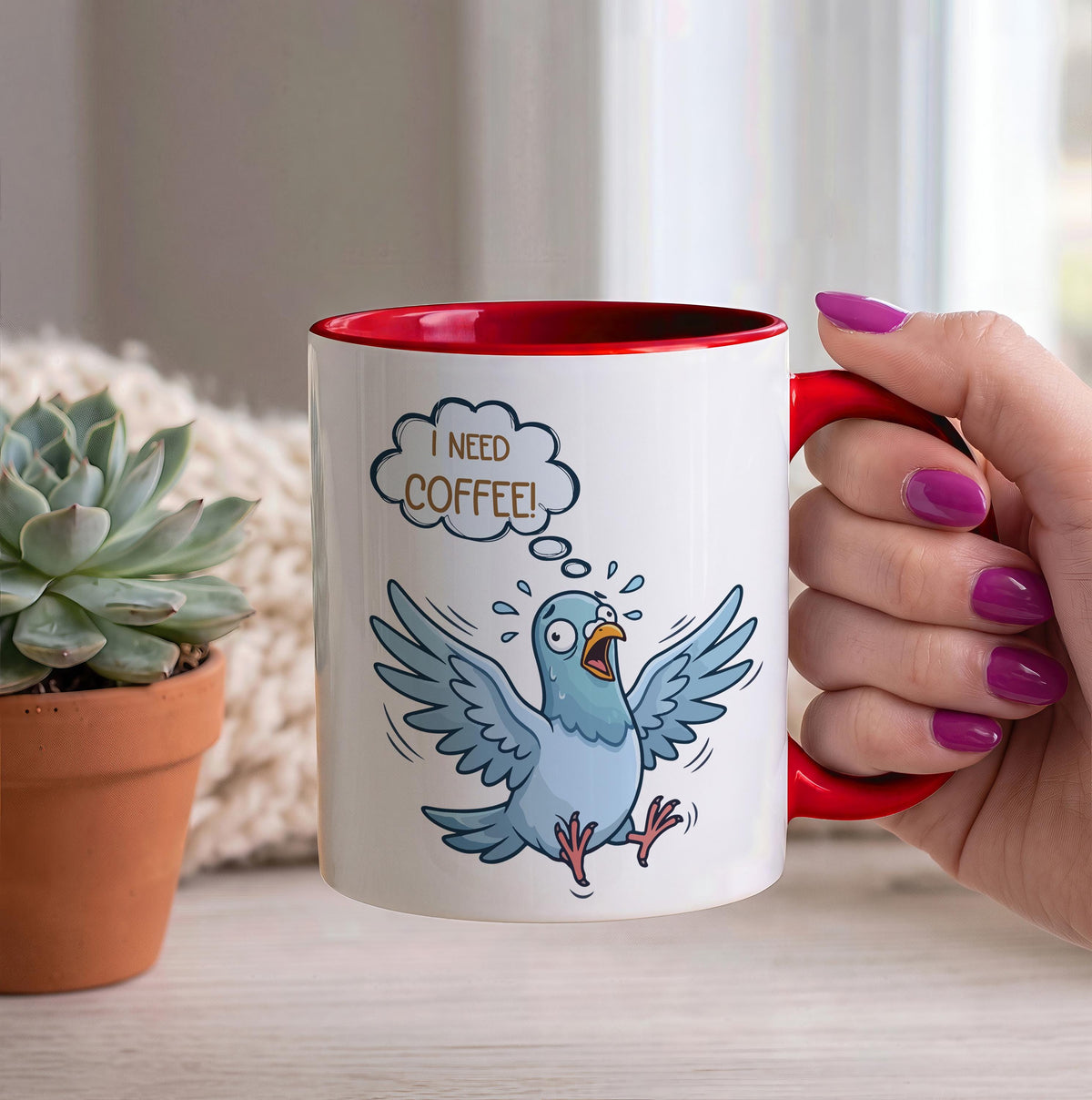Custom Name Funny Teacher Coffee Mug, Duck and Pigeon I Need Coffee Quote Cup