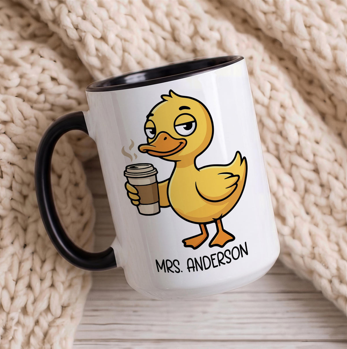 Custom Name Funny Teacher Coffee Mug, Duck and Pigeon I Need Coffee Quote Cup