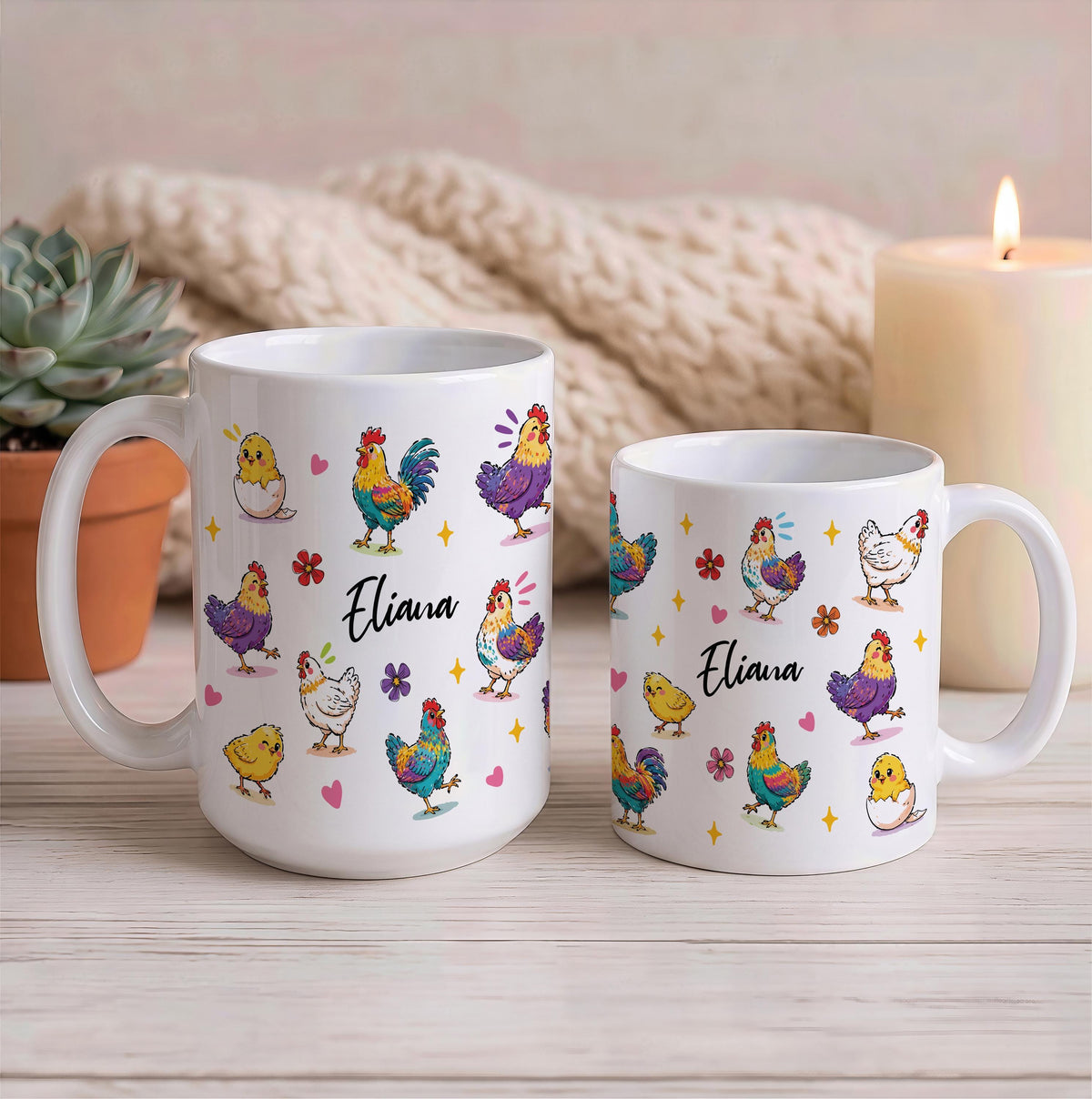 Custom Name Hen Rooster Coffee Mug, Colorful Farm Animal Ceramic Cup, Chicken Mom Gift