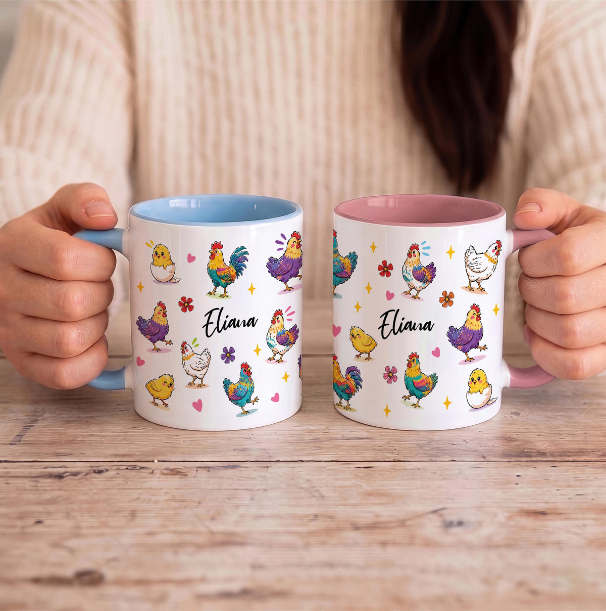 Custom Name Hen Rooster Coffee Mug, Colorful Farm Animal Ceramic Cup, Chicken Mom Gift