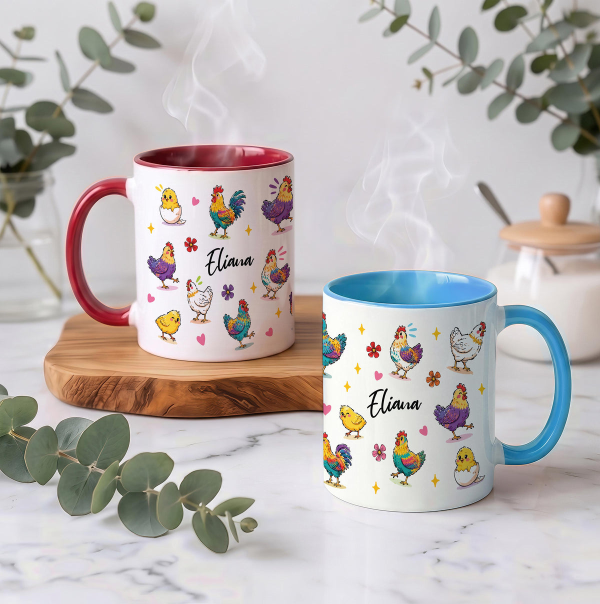 Custom Name Hen Rooster Coffee Mug, Colorful Farm Animal Ceramic Cup, Chicken Mom Gift