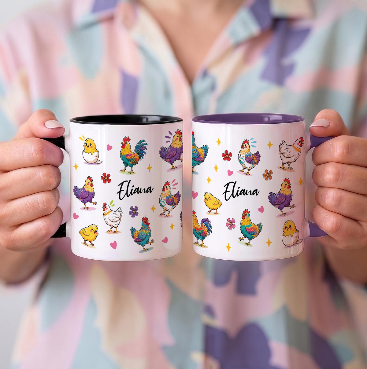 Custom Name Hen Rooster Coffee Mug, Colorful Farm Animal Ceramic Cup, Chicken Mom Gift