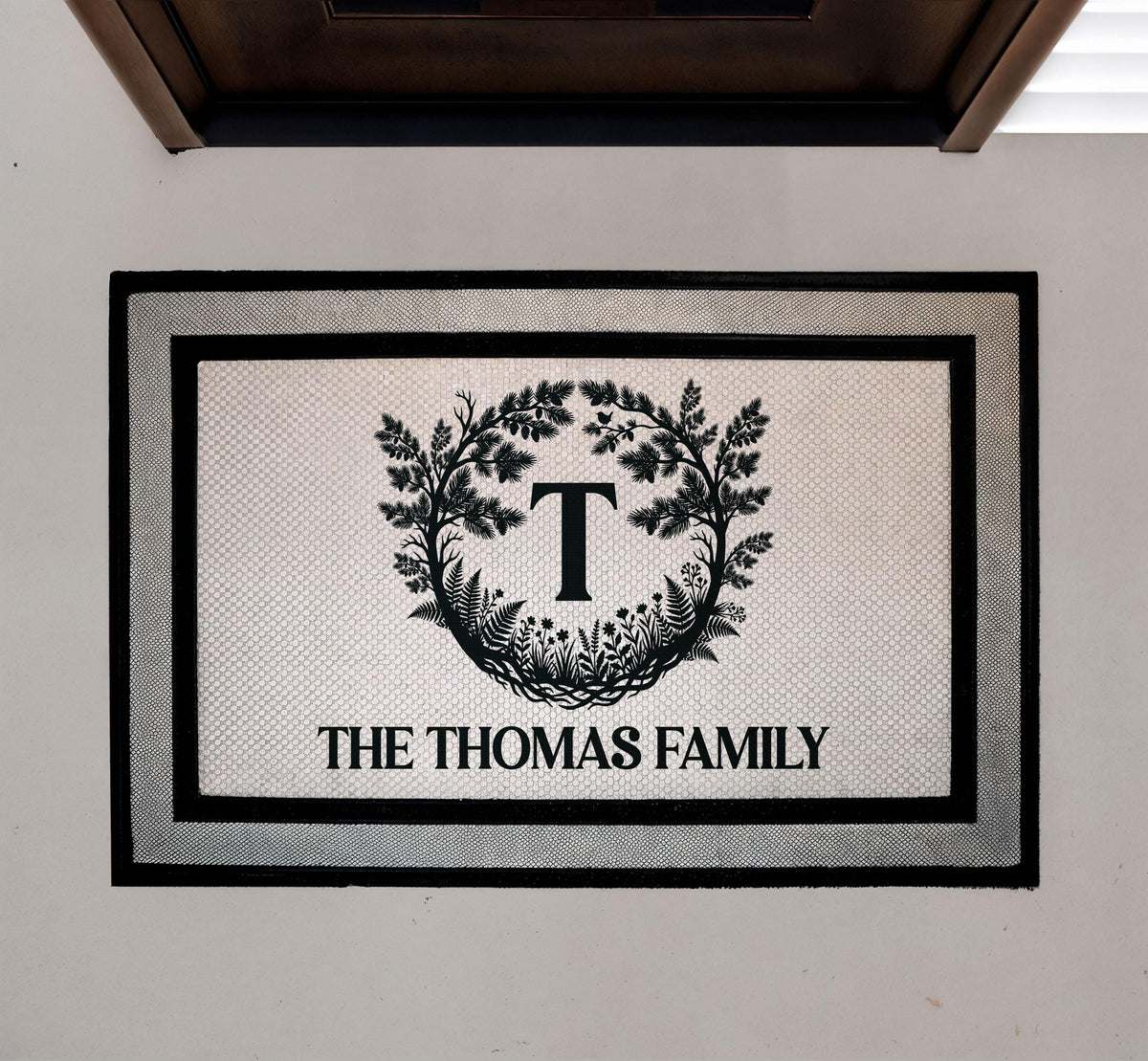 Custom Family Name Floral Wreath Doormat, Elegant Welcome Mat, Housewarming Gift Rug
