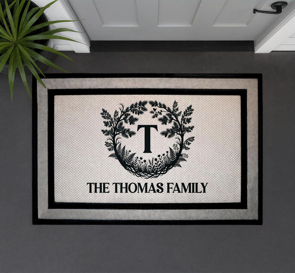 Custom Family Name Floral Wreath Doormat, Elegant Welcome Mat, Housewarming Gift Rug