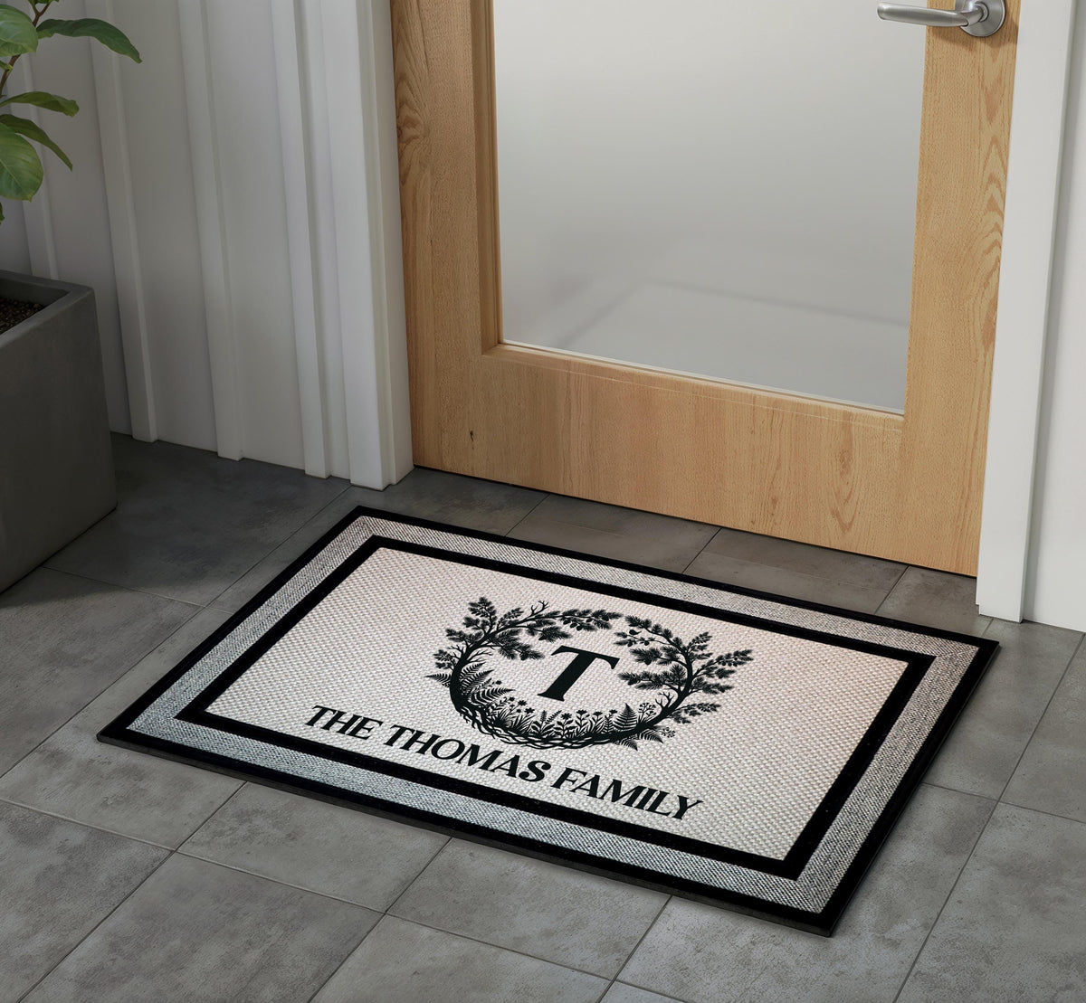Custom Family Name Floral Wreath Doormat, Elegant Welcome Mat, Housewarming Gift Rug