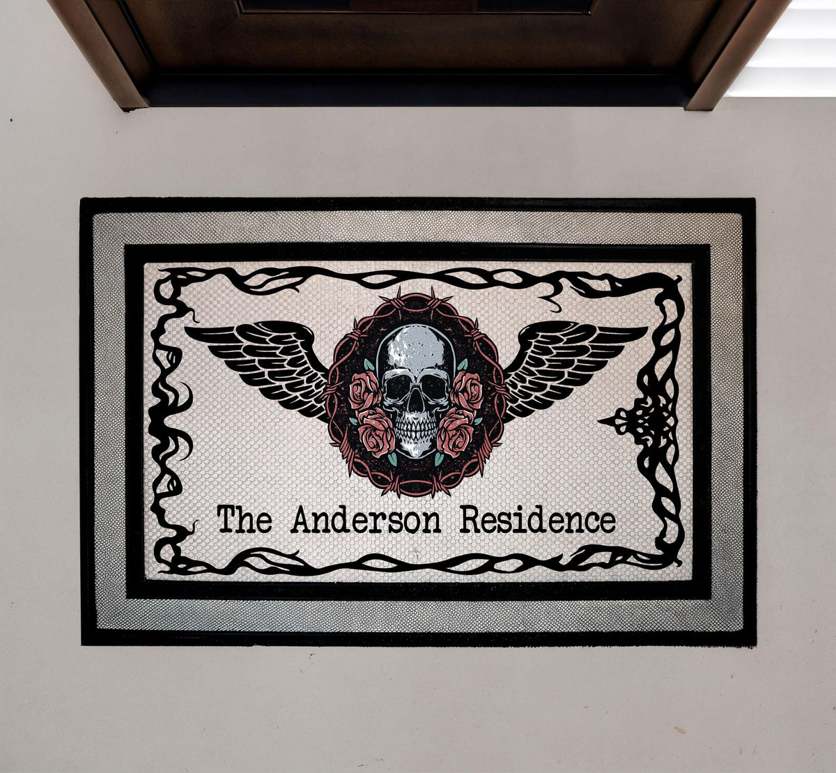 Personalized Gothic Skull Roses Doormat, Old School Tattoo Welcome Mat