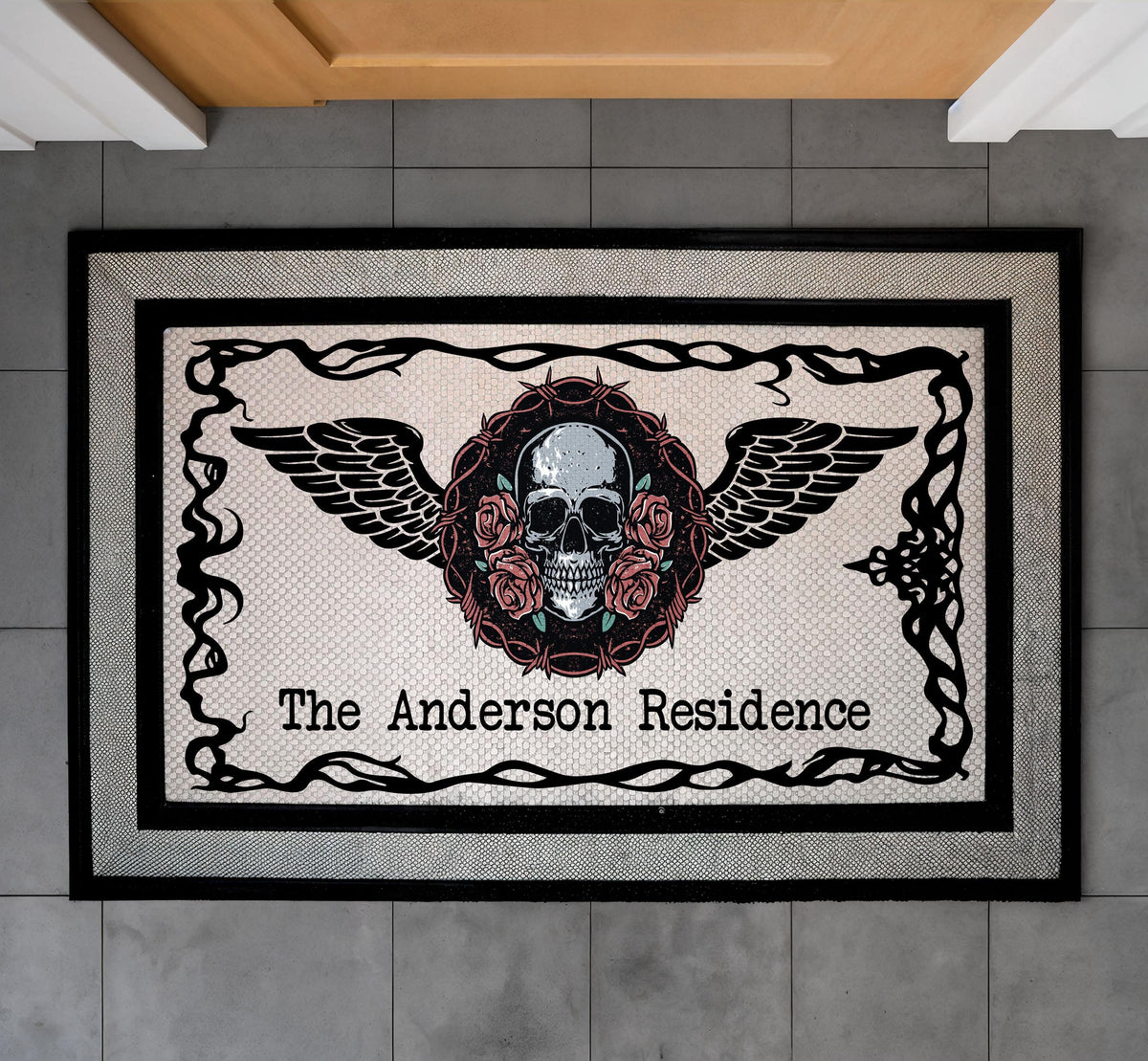 Personalized Gothic Skull Roses Doormat, Old School Tattoo Welcome Mat
