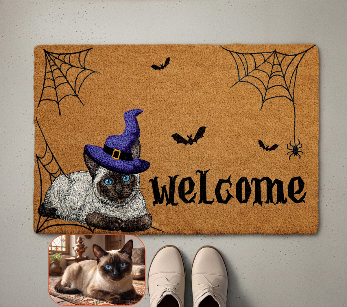 Custom Pet Watercolor Photo Halloween Doormat, Dog Cat Picture Welcome Mat, Dogs Cats Lover Spooky Season Gift, Pets Owner Front Porch Rug
