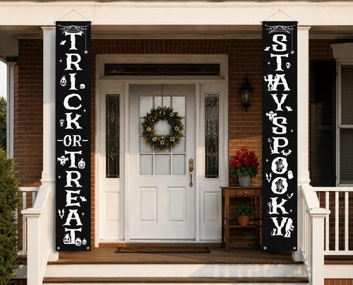 Halloween Porch Banner Set, Trick Or Treat Stay Spooky Vertical Signs (2PCS)
