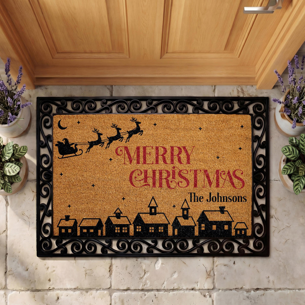 Personalized Merry Christmas Doormat, Custom Family Name Holiday Entryway Decor