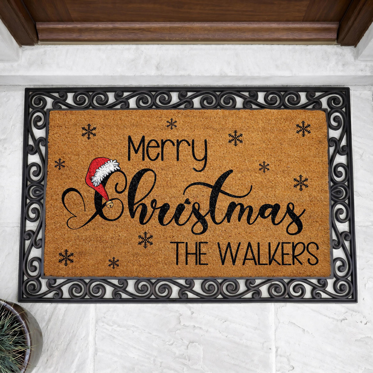 Personalized Merry Christmas Doormat, Custom Family Name Holiday Entryway Decor