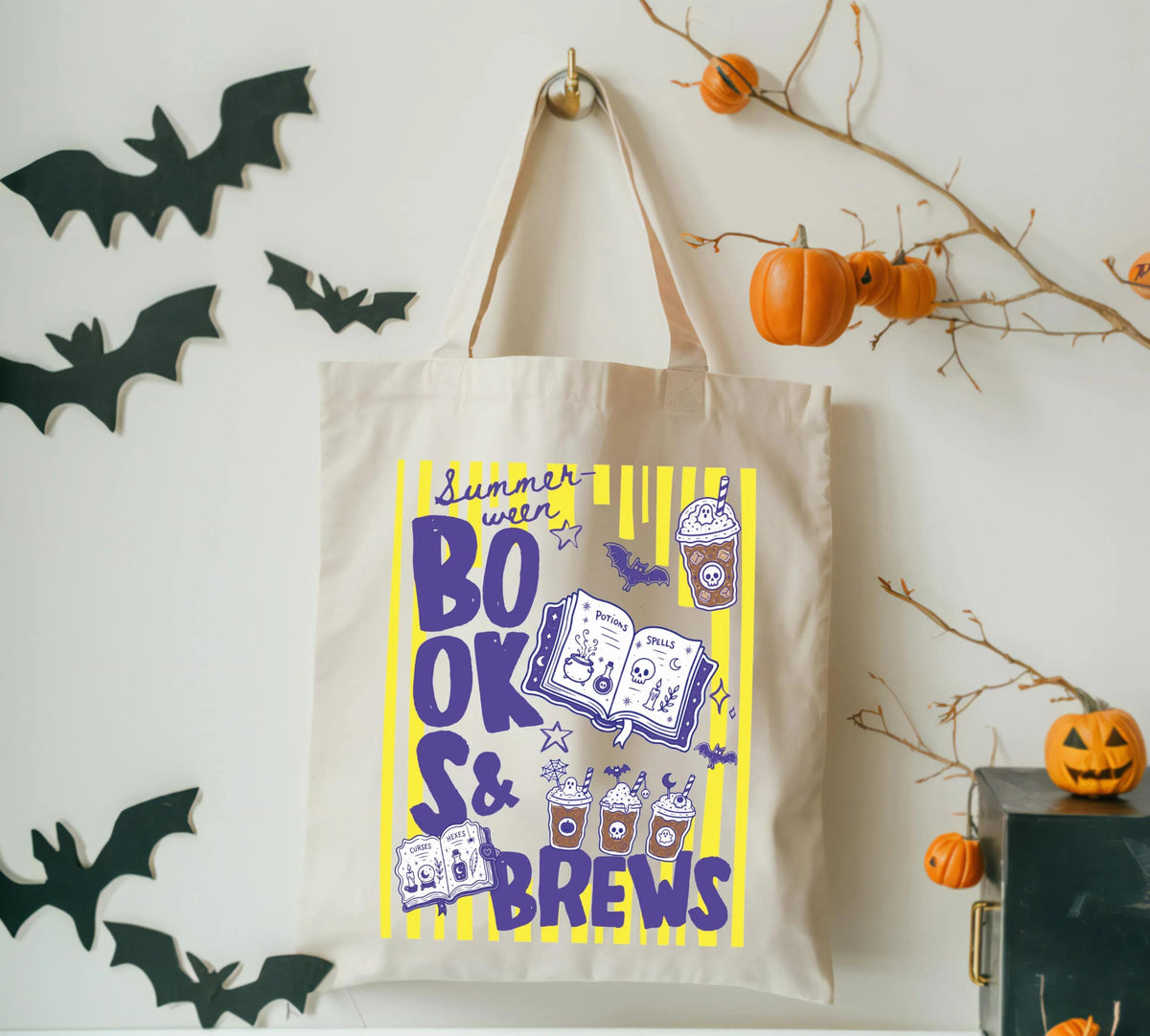 Summer Halloween Books & Brew Tote Bag, Spooky Bookish Tote, Halloween Gift Bag