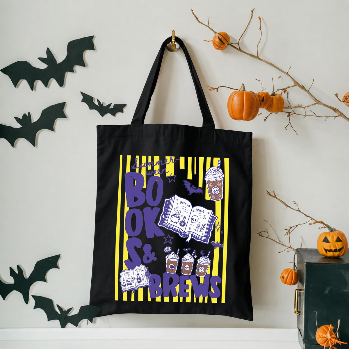 Summer Halloween Books & Brew Tote Bag, Spooky Bookish Tote, Halloween Gift Bag