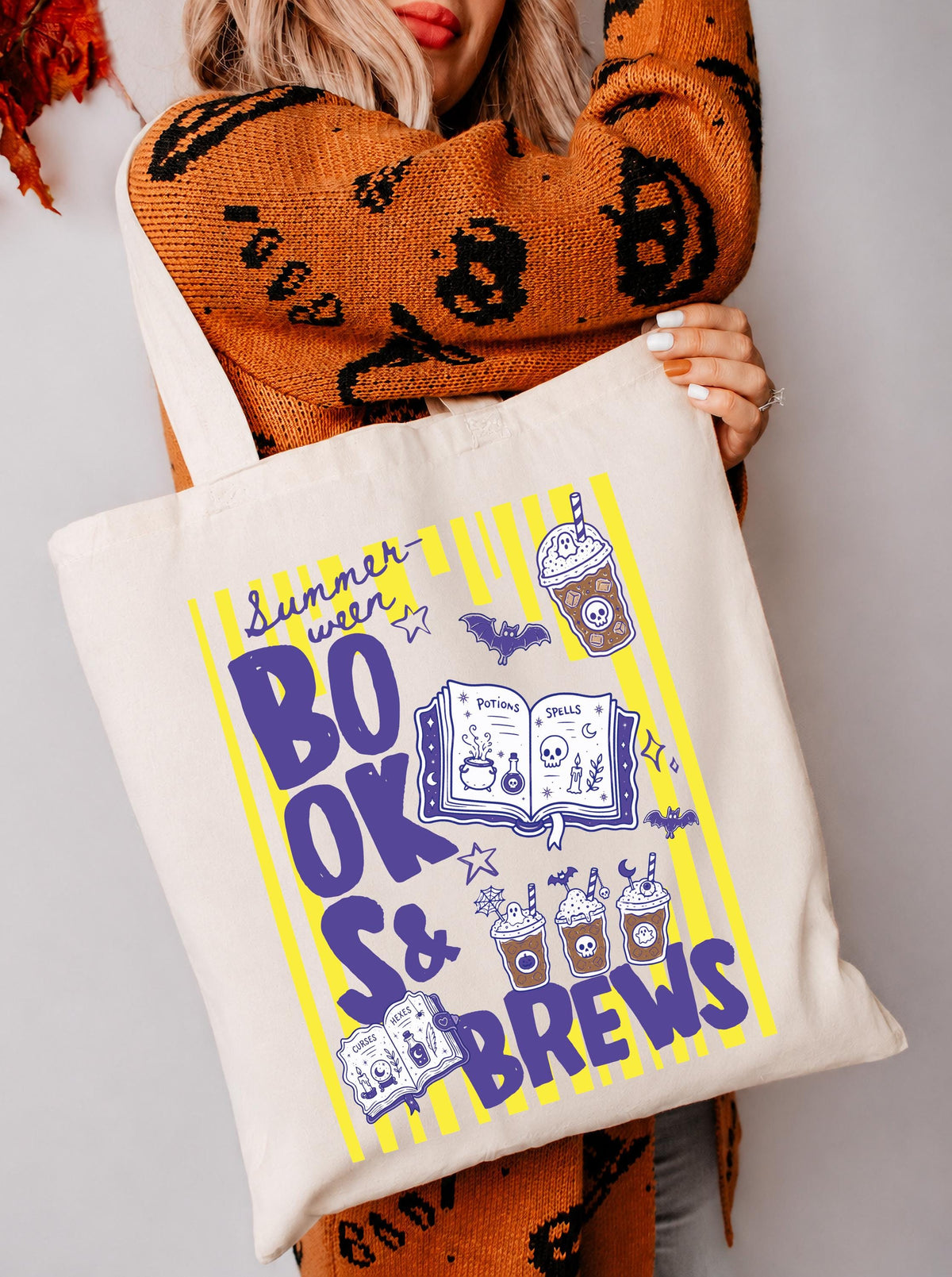 Summer Halloween Books & Brew Tote Bag, Spooky Bookish Tote, Halloween Gift Bag
