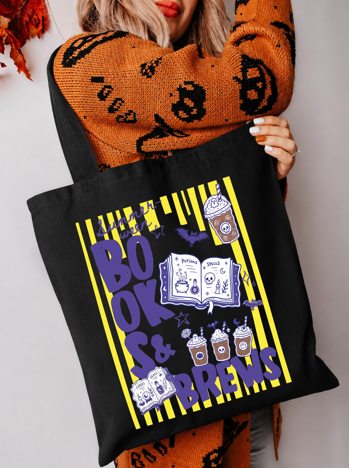 Summer Halloween Books & Brew Tote Bag, Spooky Bookish Tote, Halloween Gift Bag