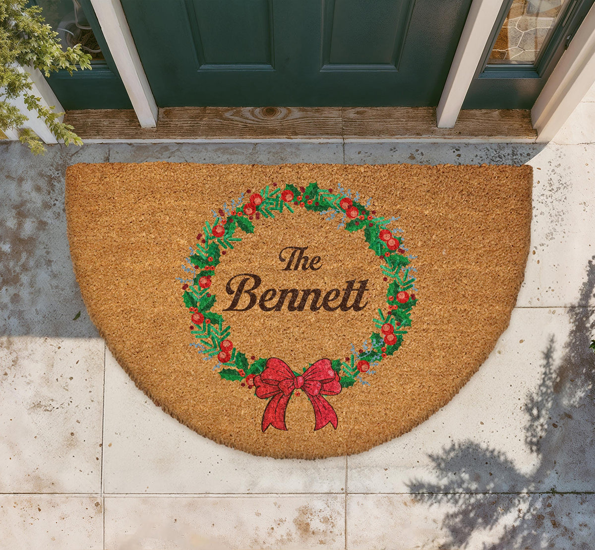 Personalized Christmas Wreath Doormat, Holly Berry Welcome Mat, Custom Xmas Home Gift