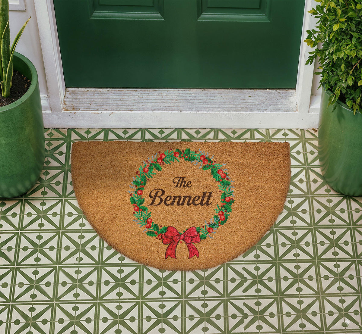 Personalized Christmas Wreath Doormat, Holly Berry Welcome Mat, Custom Xmas Home Gift