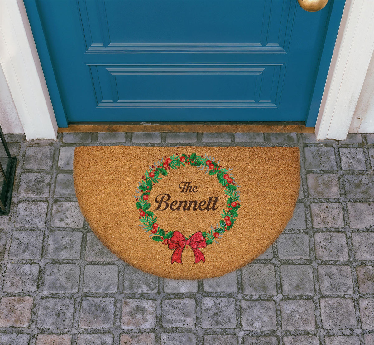 Personalized Christmas Wreath Doormat, Holly Berry Welcome Mat, Custom Xmas Home Gift