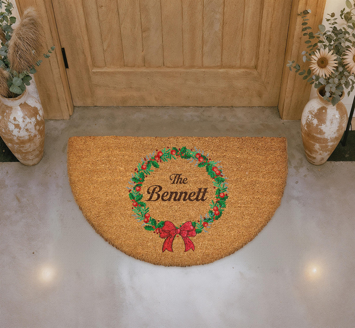 Personalized Christmas Wreath Doormat, Holly Berry Welcome Mat, Custom Xmas Home Gift