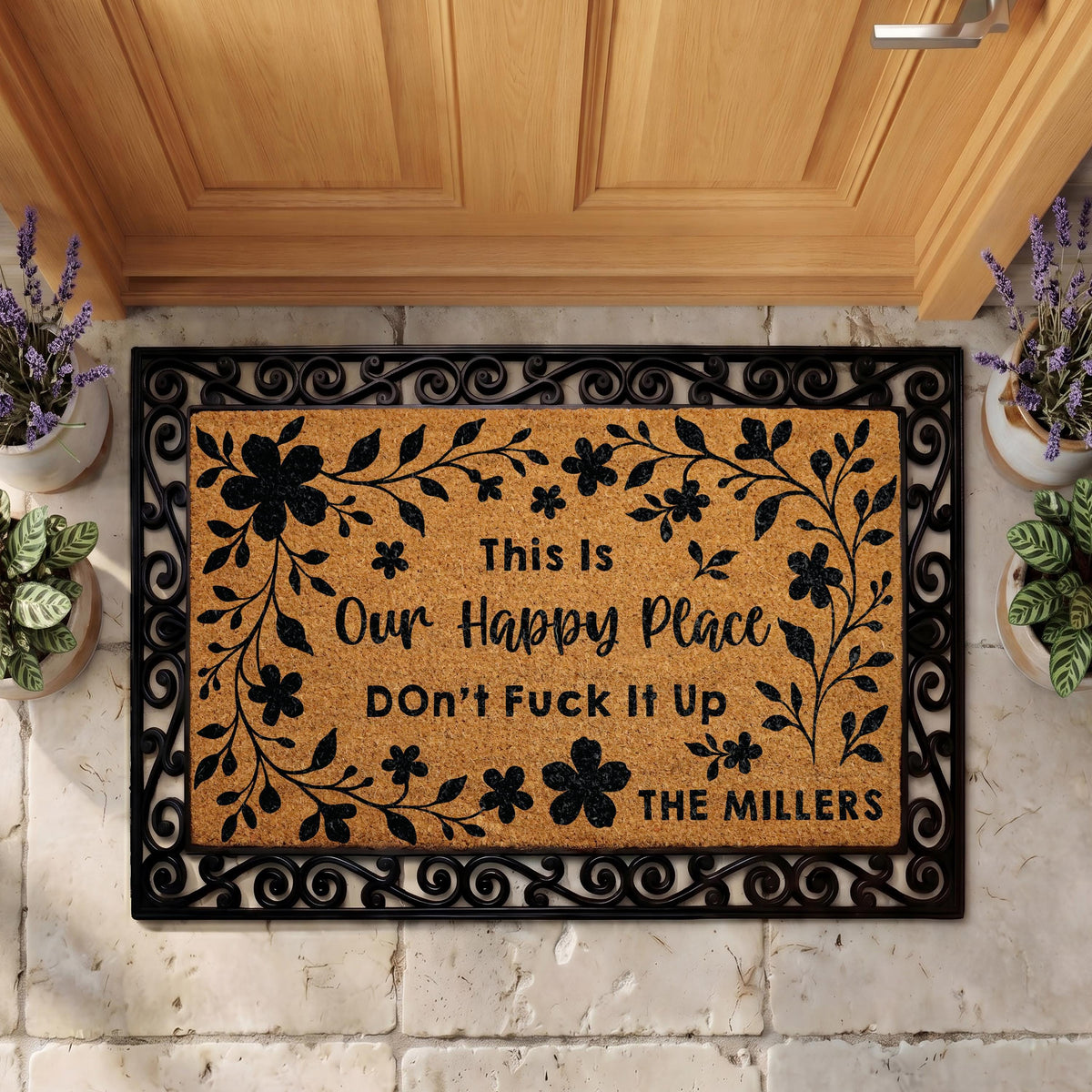 Custom Family Name Doormat, “Our Happy Place” Welcome Mat, Profanity Housewarming Gift