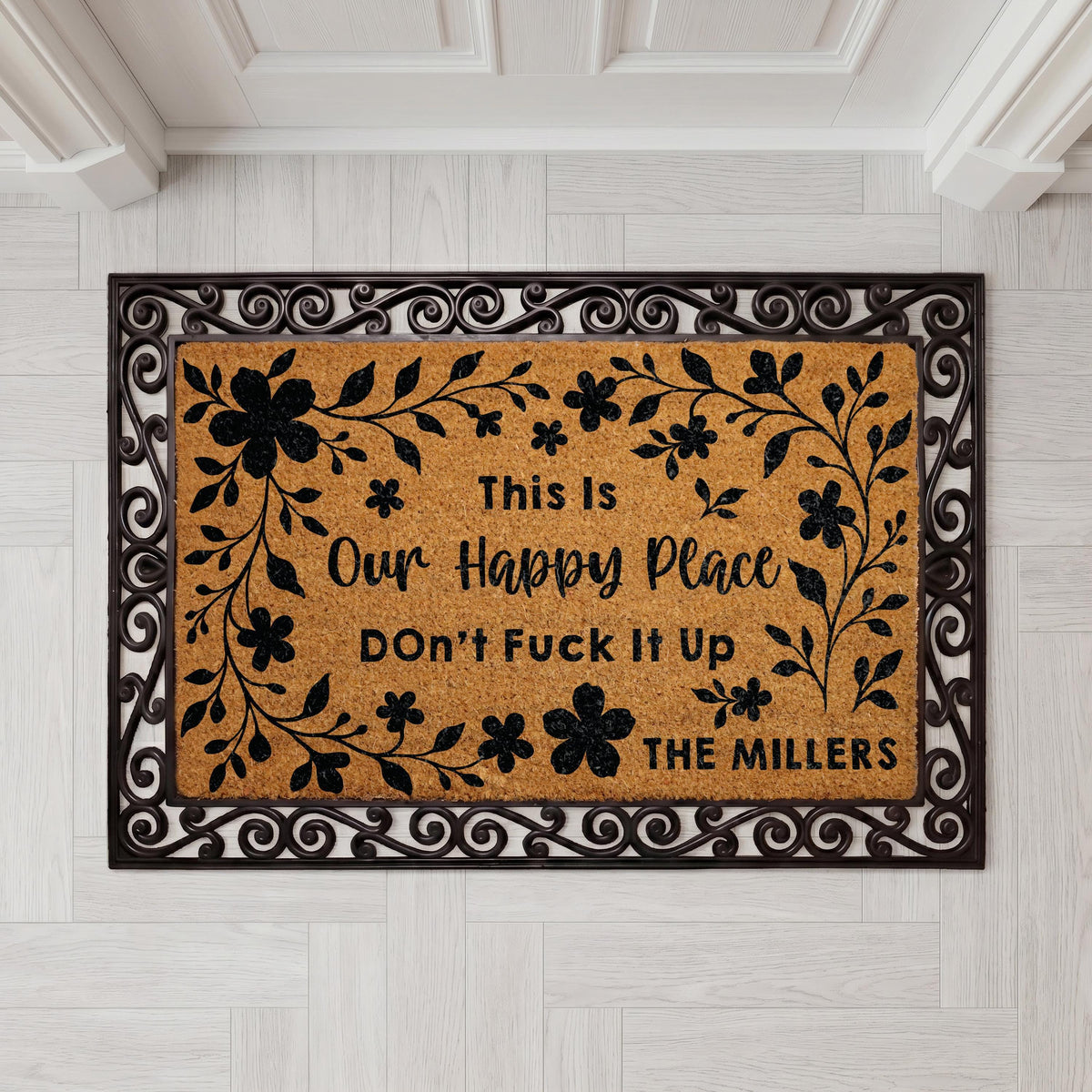 Custom Family Name Doormat, “Our Happy Place” Welcome Mat, Profanity Housewarming Gift