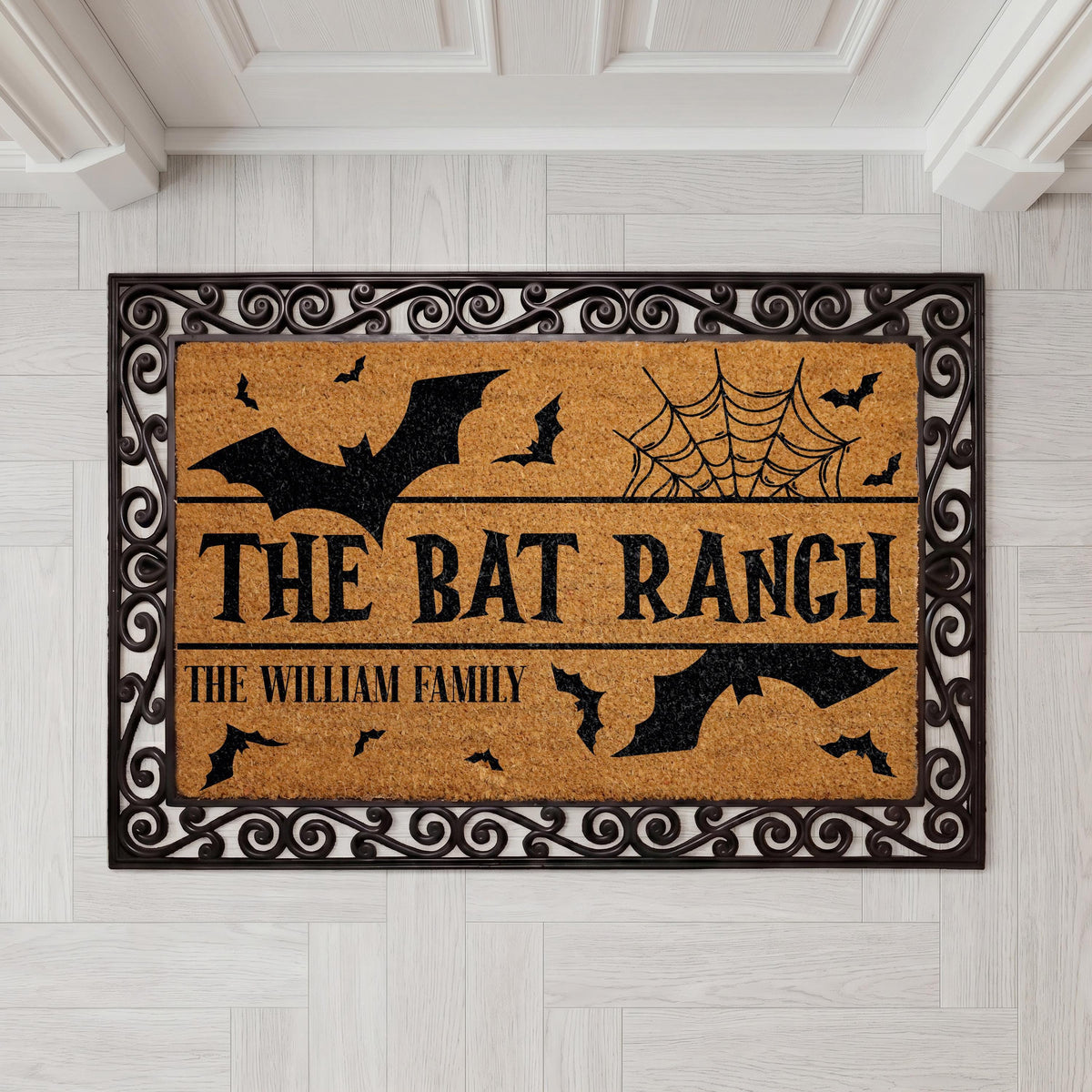 Personalized Spooky Bat Ranch Doormat, Gothic Halloween Welcome Mat